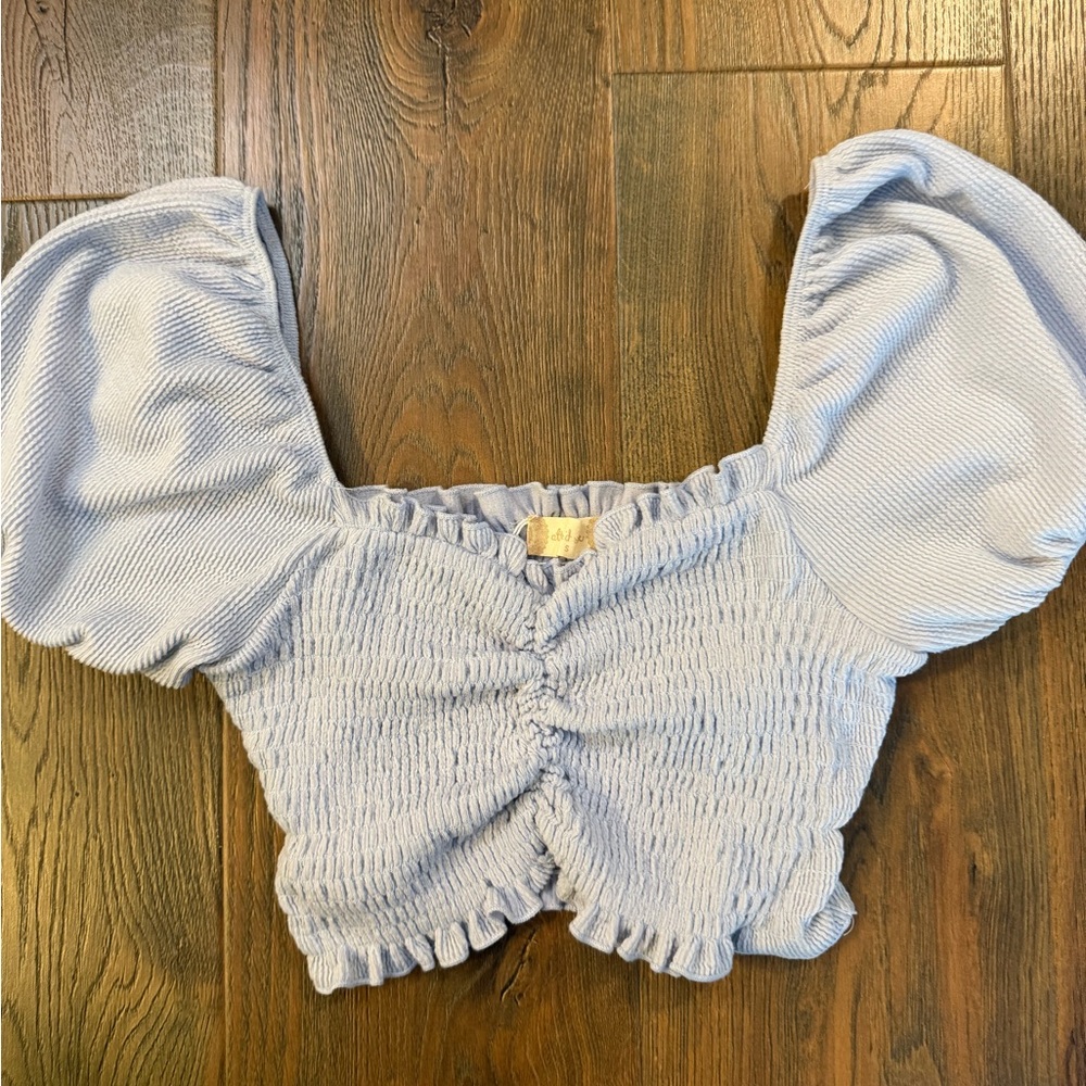 Altar’d State Light Blue Smocked Crop Top with Puff Sleeves